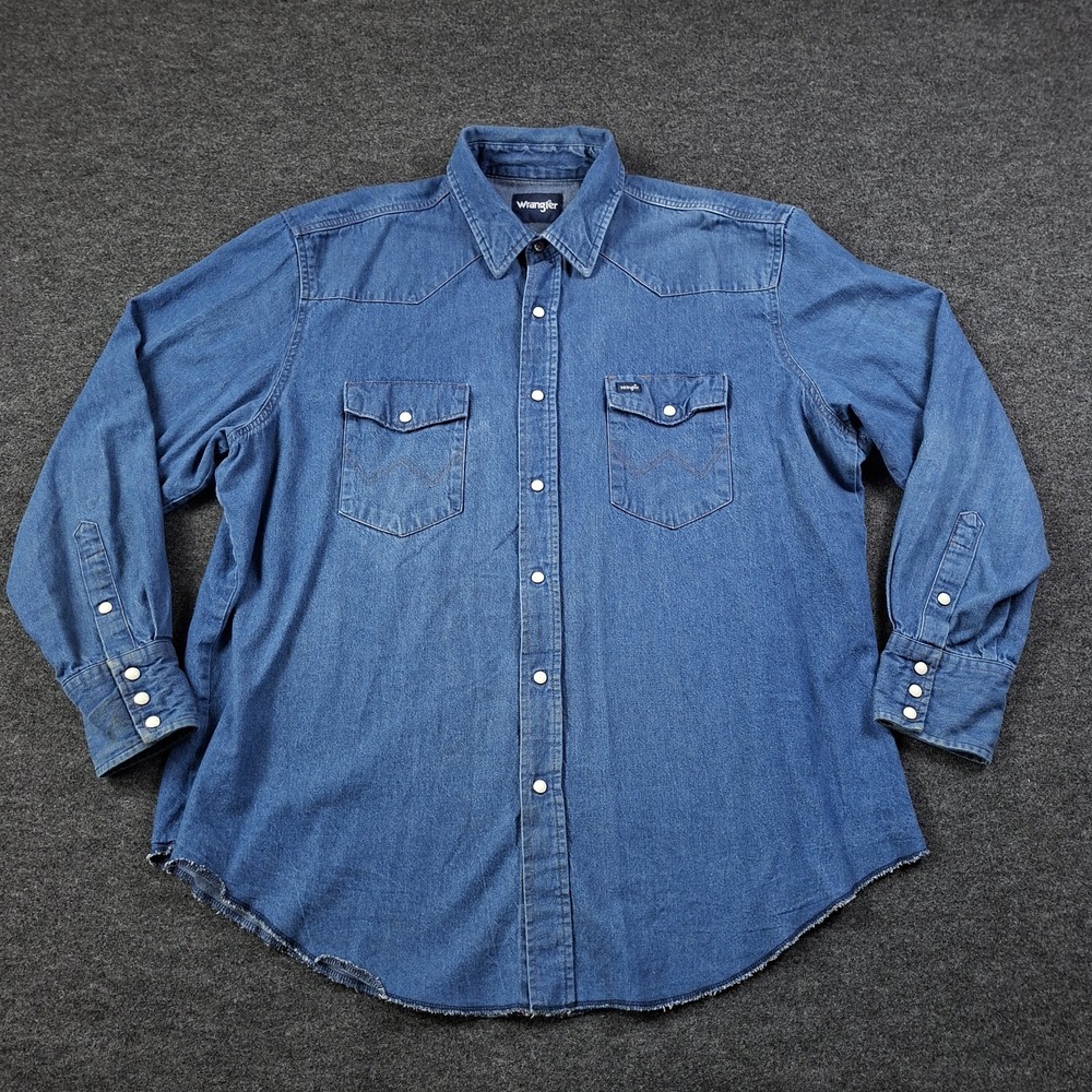 Wrangler Mens 2XL Denim Western Pearl Snap Dark Wash Cowboy Faded Work Farm Boy